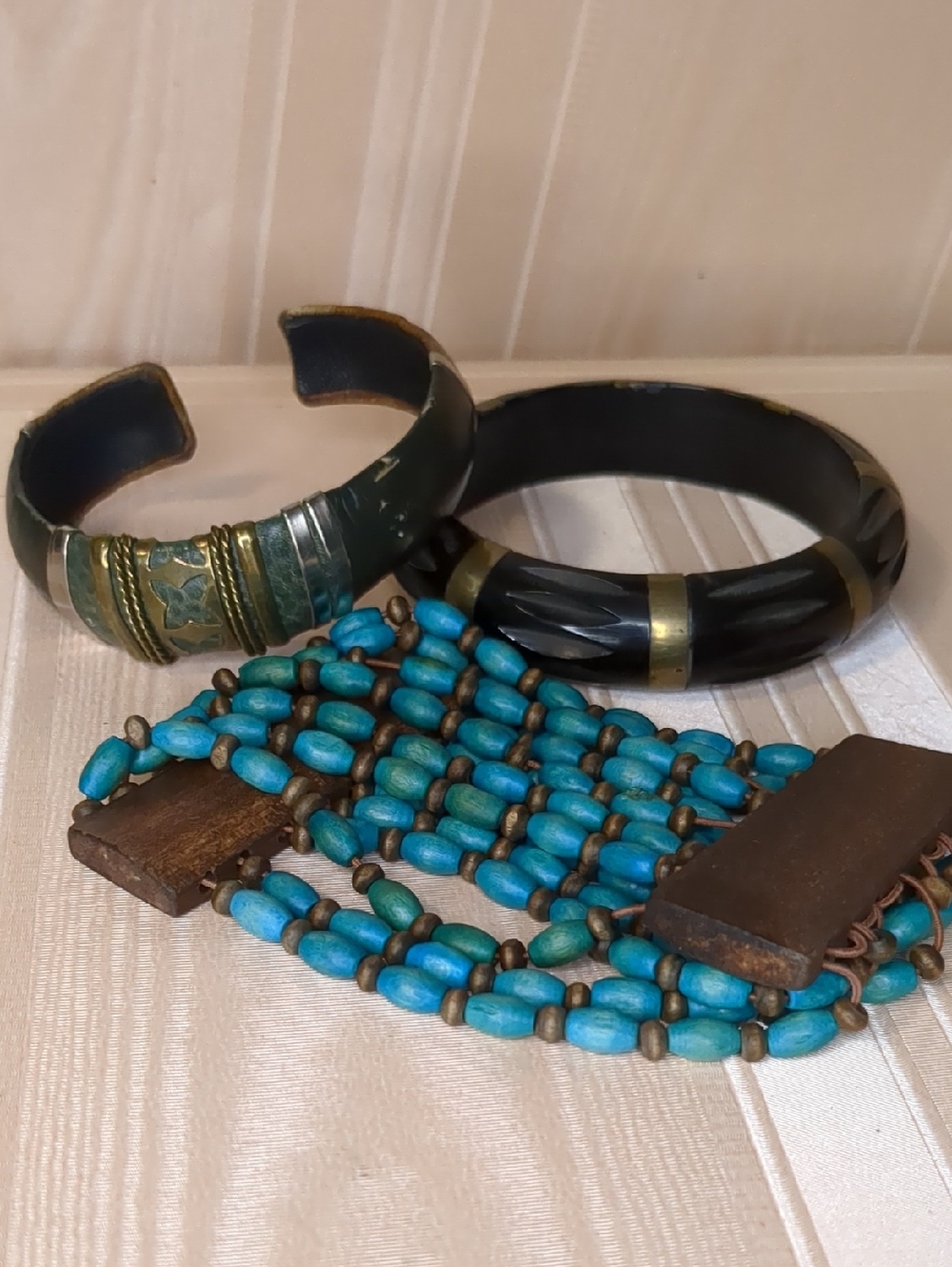 Vintage Boho Wood Turquoise Beaded & Leather Bracelets Cuff Bangle Lot 3